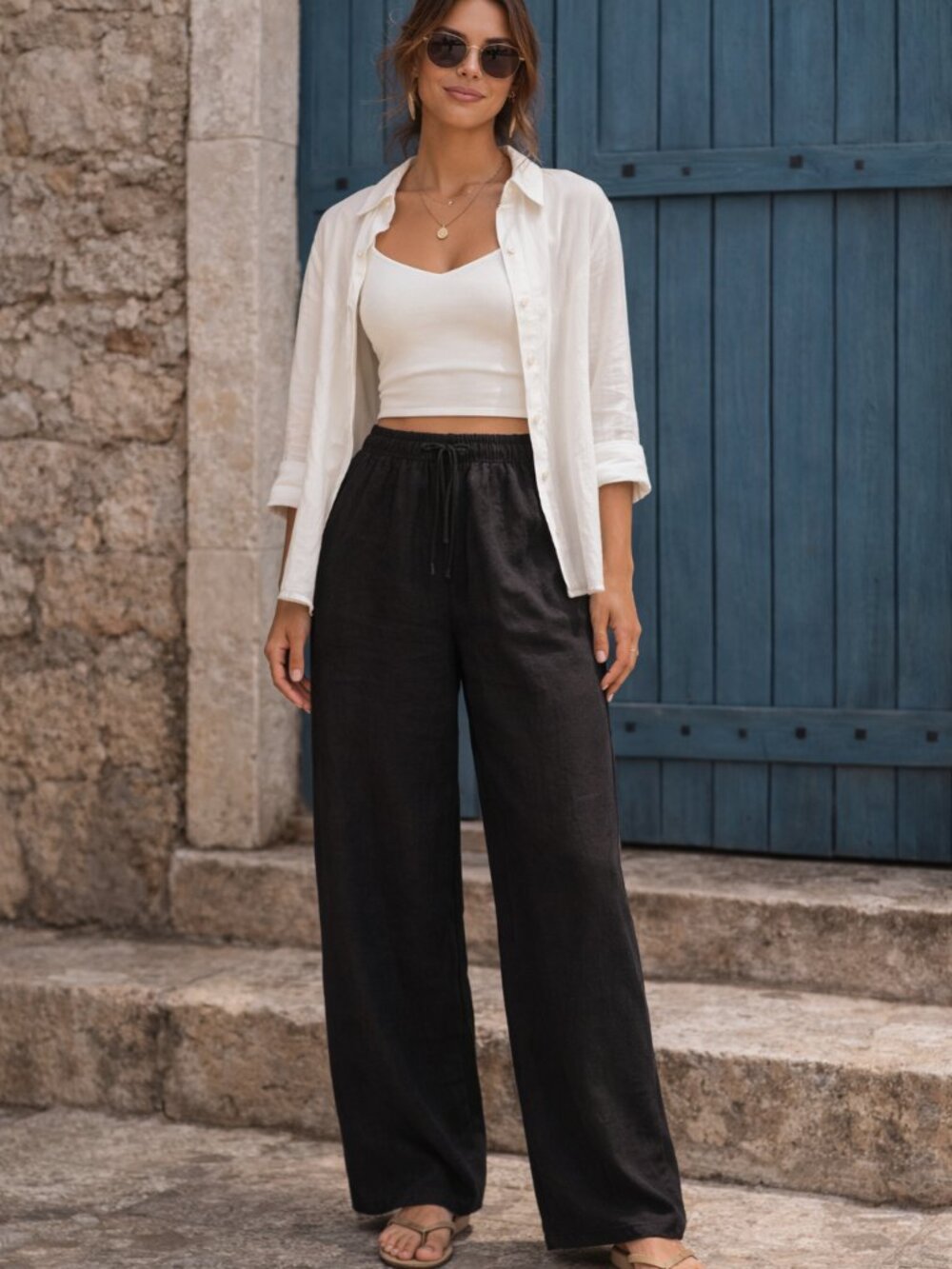 H&M Linen Blend Wide Leg Pants Black Drawstring High Rise - Picture 1 of 6